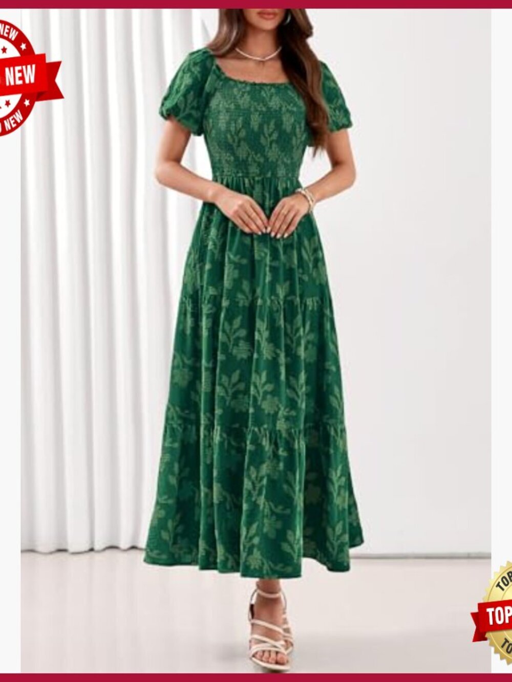 Summer Maxi Dress Floral Square Neck Smocked Bodice Pockets Boho - Picture 5 of 7